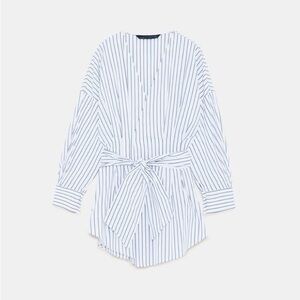 Zara White and Blue Striped Tunic Top